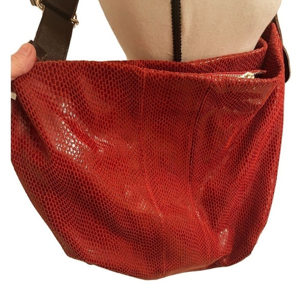 Charmes’ Red Leather Snakeskin Slouch Hobo Shoulder Bag Brown Strap - Picture 3 of 12